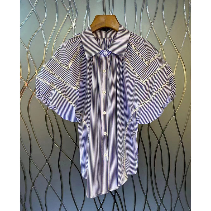 tops t shirt women tops women clothes Lapel Neck Spandex Striped Casual womens tops shirts women European women's breasted hollow bubble short sl