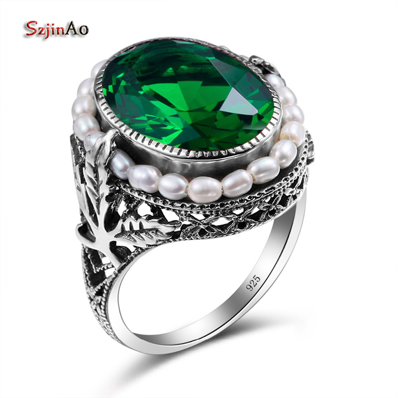 Szjinao Ring silver Ring 925 Plain Natural Pearl Gemstone Rings For Women Emerald Green Stone Lace Vintage Engagement Sieraden