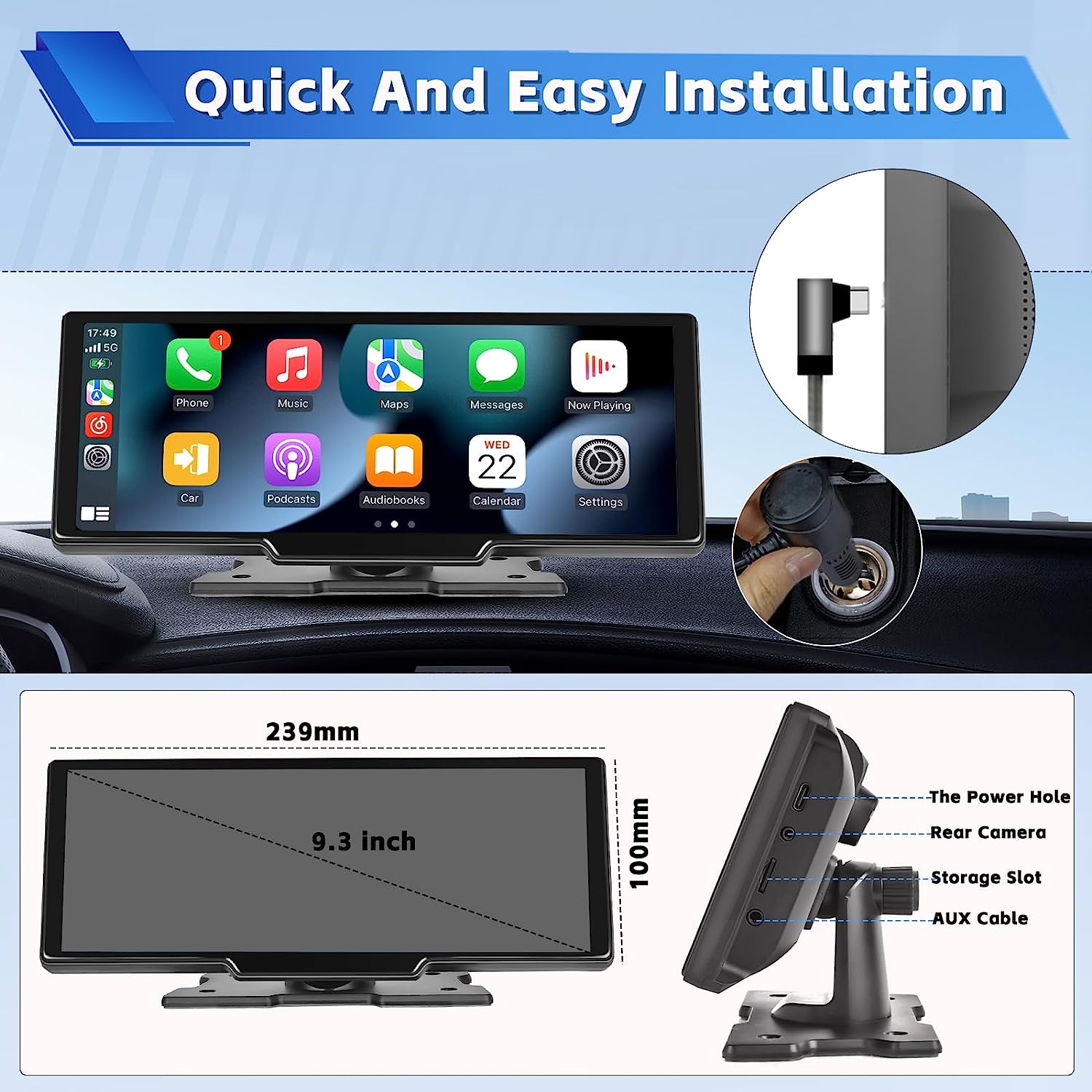 10.26" Portable Car Radio Carplay Android Auto Car Stereo 1080p touch Screen Bluetooth GPS USB FM for Car Truck Radio Receiver