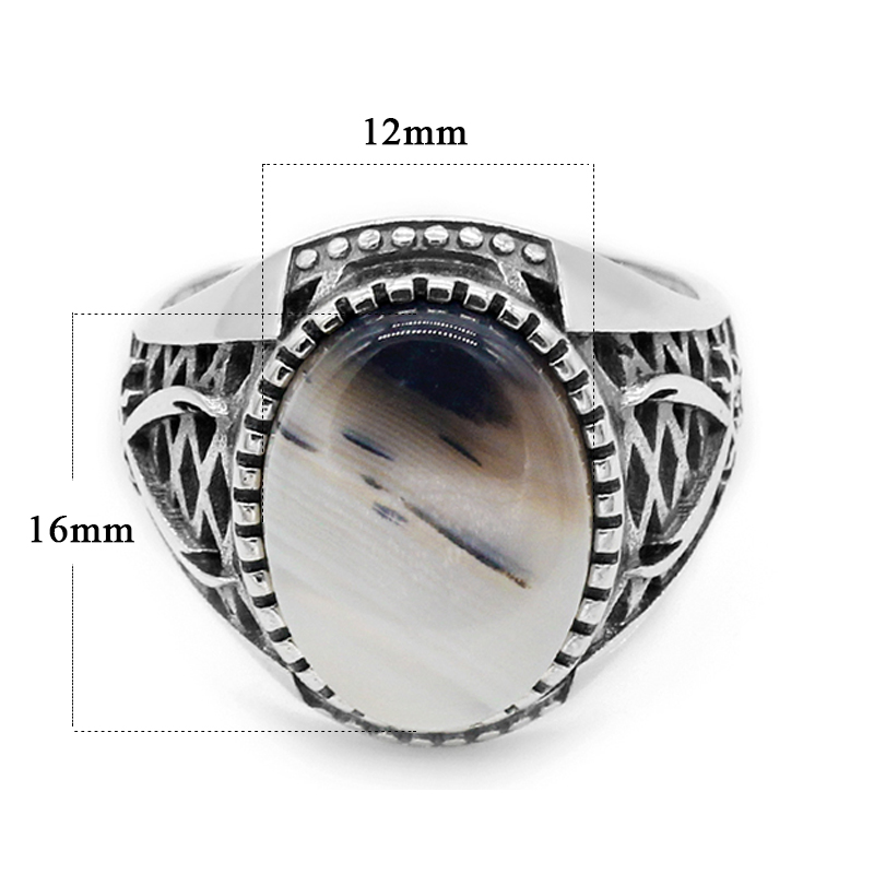 Islamic Ring for Men 925 Sterling Silver Ottoman Swords Natural Agate Stone Male Rings Turkish Muslim Religious Jewelry Gift
