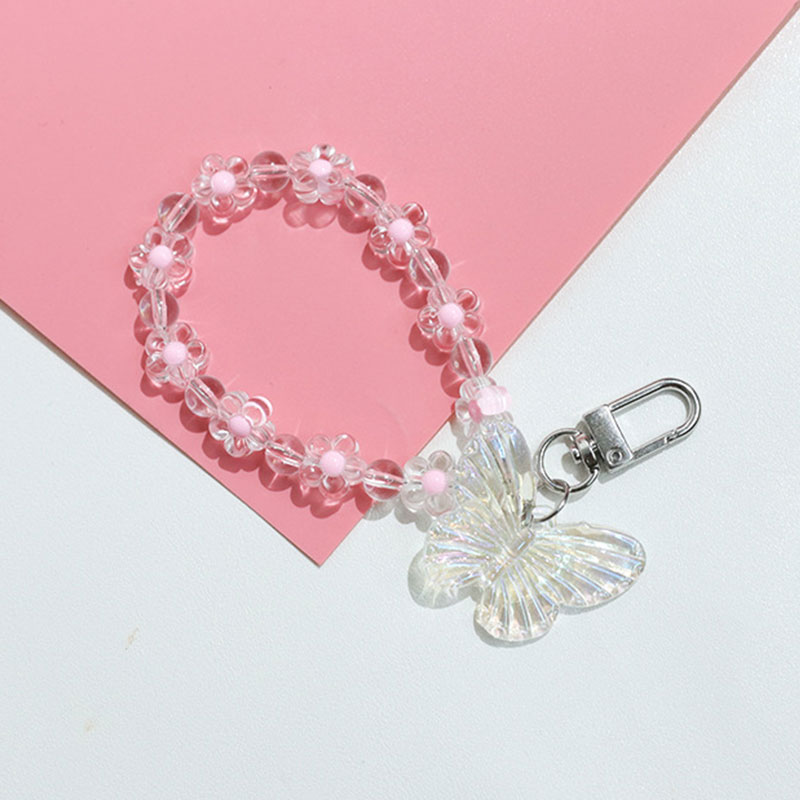 Butterfly Flower Keychain Trendy Transparent Bead Lanyards Keyring Mobile Phone Chains for Women Car Keys Bag Decor Pendant