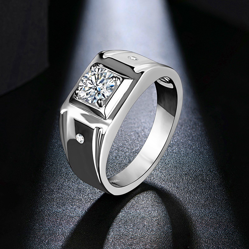 ATTAGEMS 1CT D Color 6.5mm Moissanite Diamond Men Ring Design Men Ring 100% 925 Sterling Silver Party Ring Father's Day Gift
