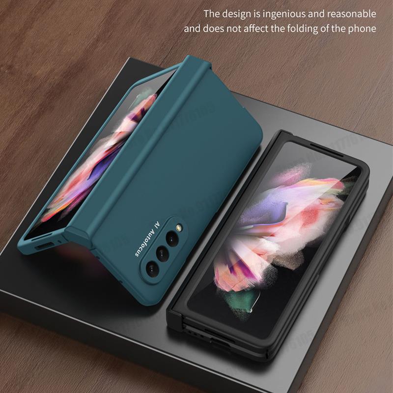 For Samsung Z Fold 3 5G Hinged Coverage Full Body Flip Phone Case for Galaxy Z Fold3 W22 5G Heavy Armor Front Screen Glass Film