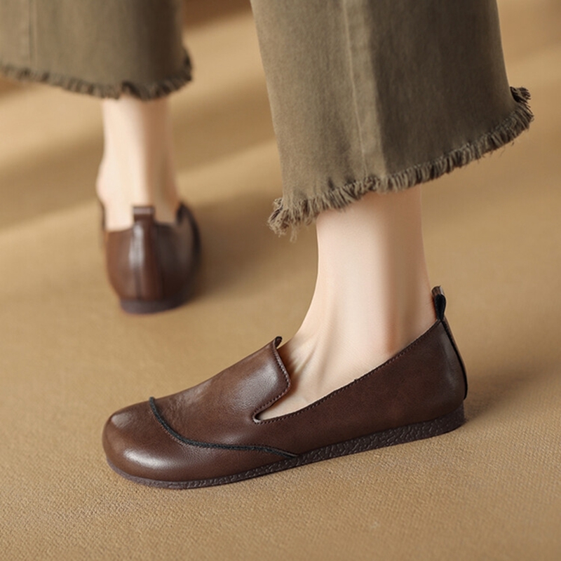 Spring/Autumn Loafers Split Leather For Round Toe Low Heel Women Flats Slip-On Soft Black Comfort Shoes 68