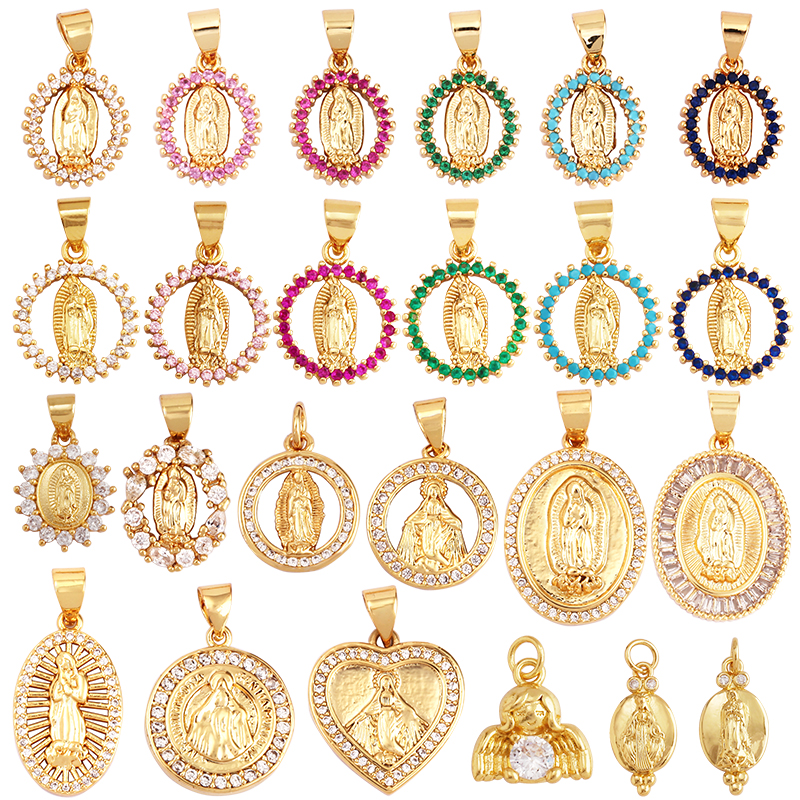 Medal Charm Oval Heart Round Pendan,Colour CZ Paved,Real Gold Plated ,Necklace Bracelet Making Finding Supplies K11