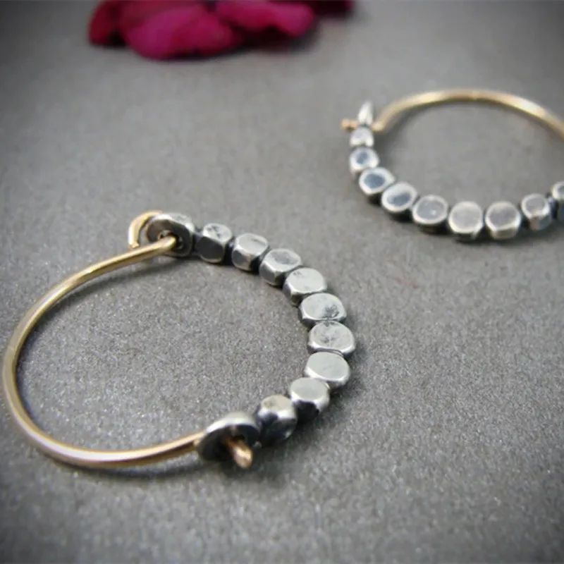 Vintage Metal Small Hand Beaded Minimalist Mixed Metal Hoop Small Hoop Unique Jewelry Gift for Her