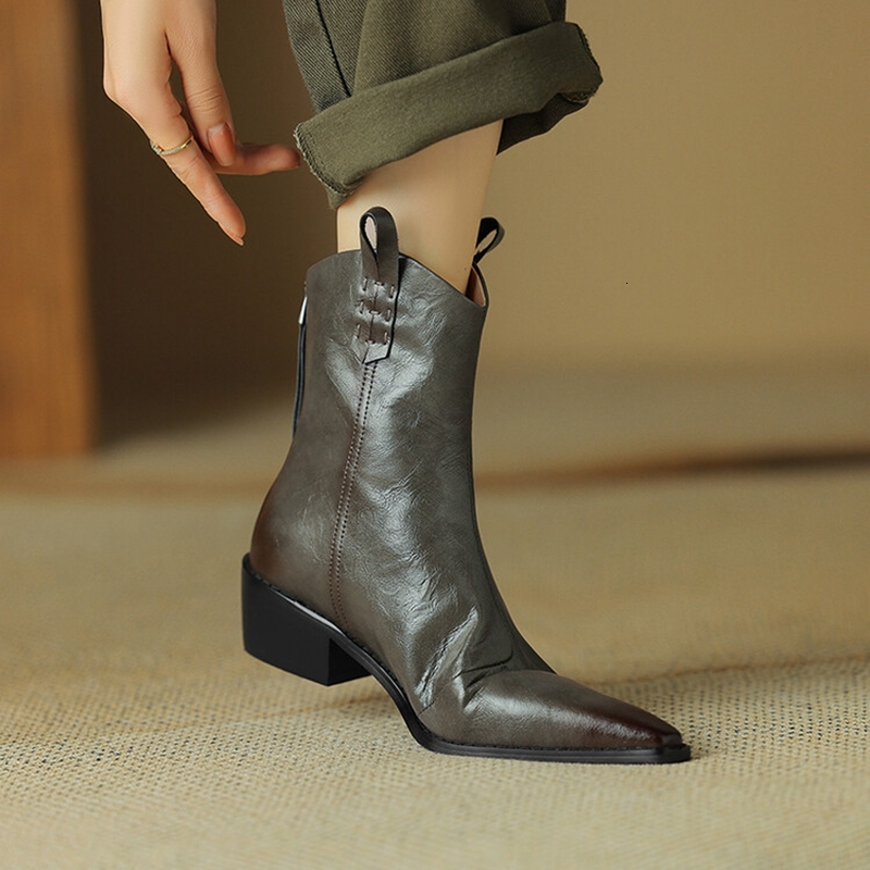 NEW Autumn Split Leather Shoes For Pointed Toe Chunky Heel Women Winter Short Western Cowboy Boots