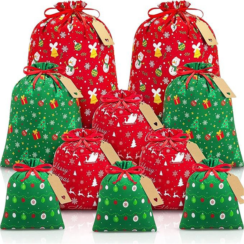 6Pcs/Lot Christmas Gift Bag 51*41cm*3Pcs+ 41*32cm*3Pcs Snowflake Stocking Cotton&Linen Green Tree Drawstring Bag Printed Socks