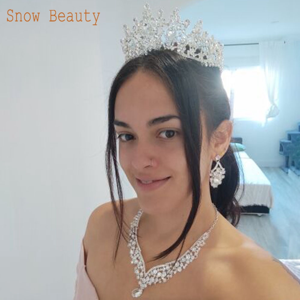 A111 Wedding Tiaras and Crowns for Bride Headwear Earring Necklace Jewelry Set Bridal Headpiece Rhinestone Headband Queen Diadem