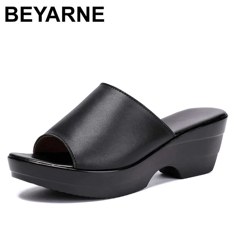 BEYARNE Summer Leather Slippers Getting High Heel Shoes Mother Wedge Large Size 41-Middle Ages 43 Slippers "Women Sandals