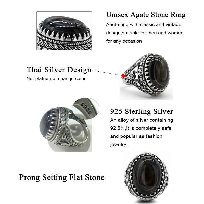 Real 925 Sterling Silver Ring for Men Black Natural Agate Stone Jewelry Vintage Gift Women Male Turkish Evil Eye Rings Size 8-13