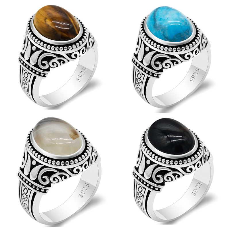 Vintage 925 Sterling Silver Male Ring with Turquoise/Agate/Tiger Eyes Stone Men Rings Turkish Handmade Thai Silver Jewelry Gift