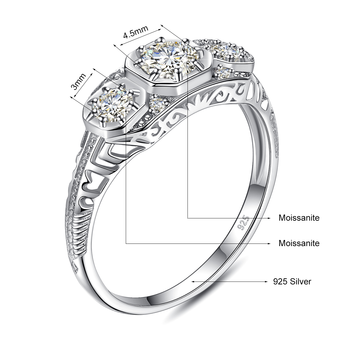 Szjinao 3 Stone D Color VVS1 Moissanite Ring For Woman 925 Sterling Silver Wedding Engagement White Gold Color Fine Jewelry