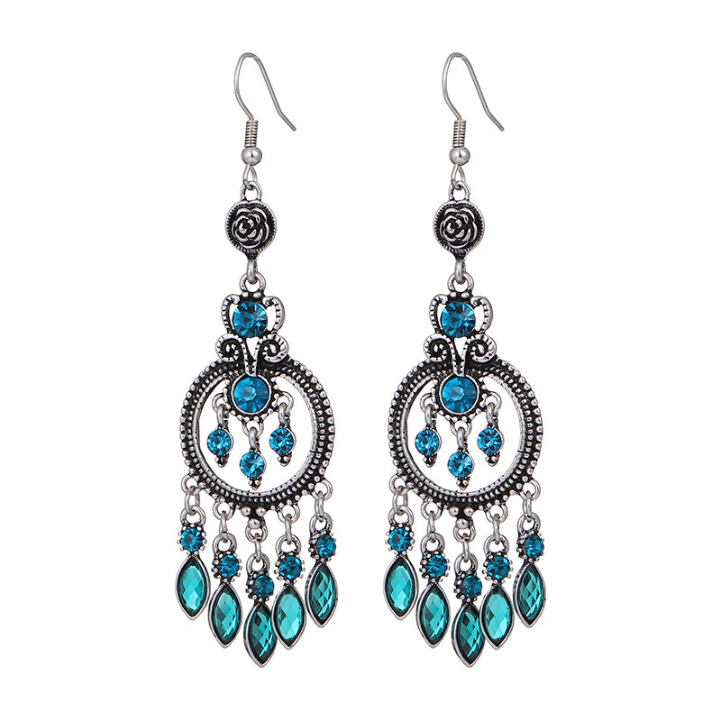 Bohemian Vintage Round Water Drop Tassel Dangle Earrings for Women Ethnic Long Rhinestone Hollow Hanging Earrings Party Jewelry