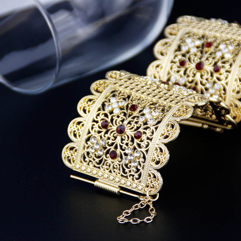 Sunspicems Gold Color Algeria Bangle Big Size For Women Crystal Flower Cuff Bracelet Ethnic Morocco Bride Wedding Jewelry