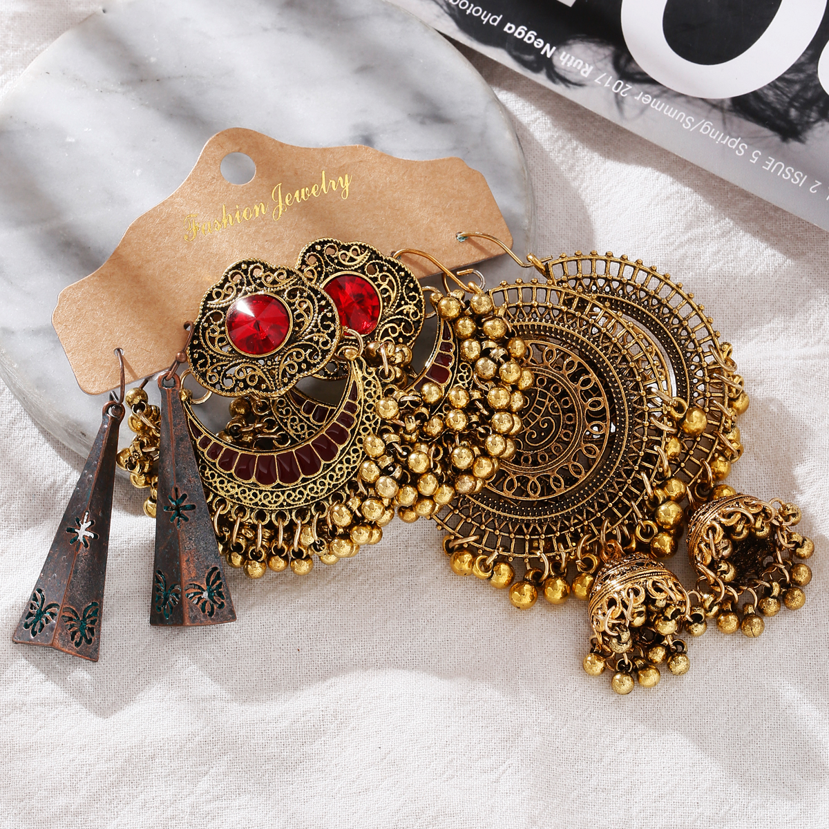 Ethnic Gold Color Geometric Earrings Sets for Women Girl Statement Jewelry Vintage Big Round Circle Drop Earrings Set Gifts
