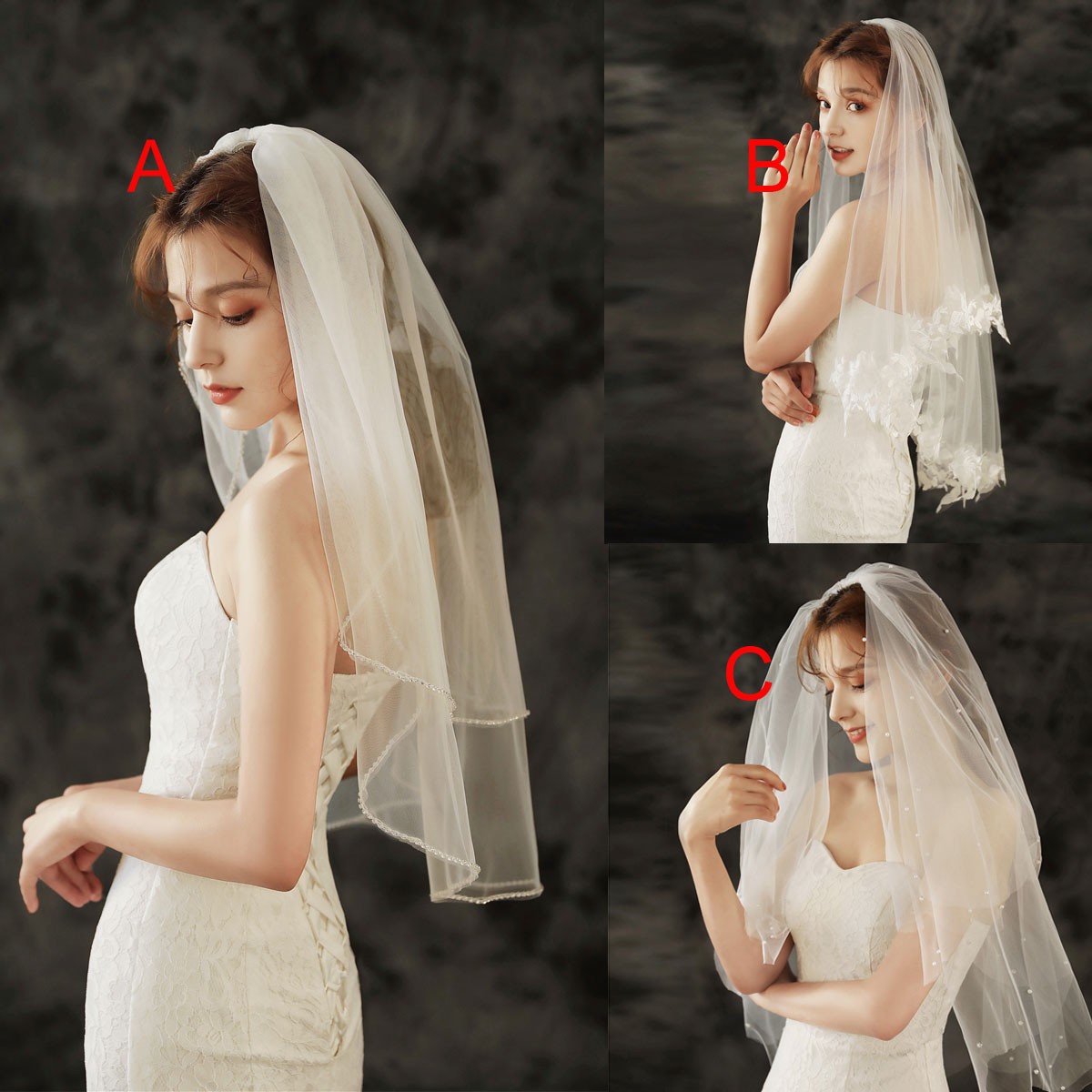Bead Edge Bridal Short Wedding Veils with Hair Comb 2 layers Elbow Length White Women Bride Veil Mariage Accessories