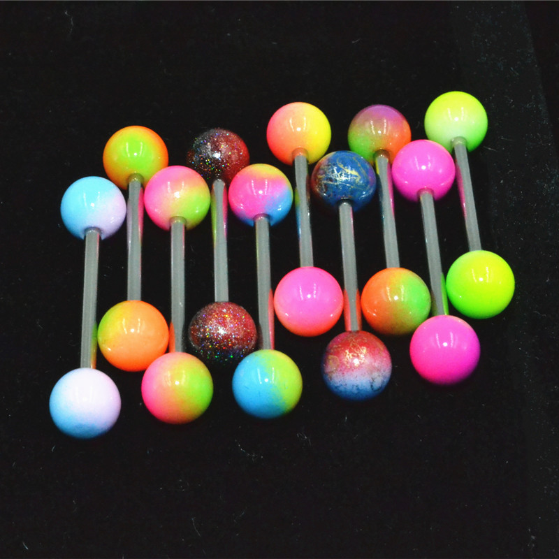 100pcs Body Jewelry Tongue/ Nipple Shield Ring Barbells Straight Bar 14G Double Coloful Candy Balls Body Piercing Jewelry