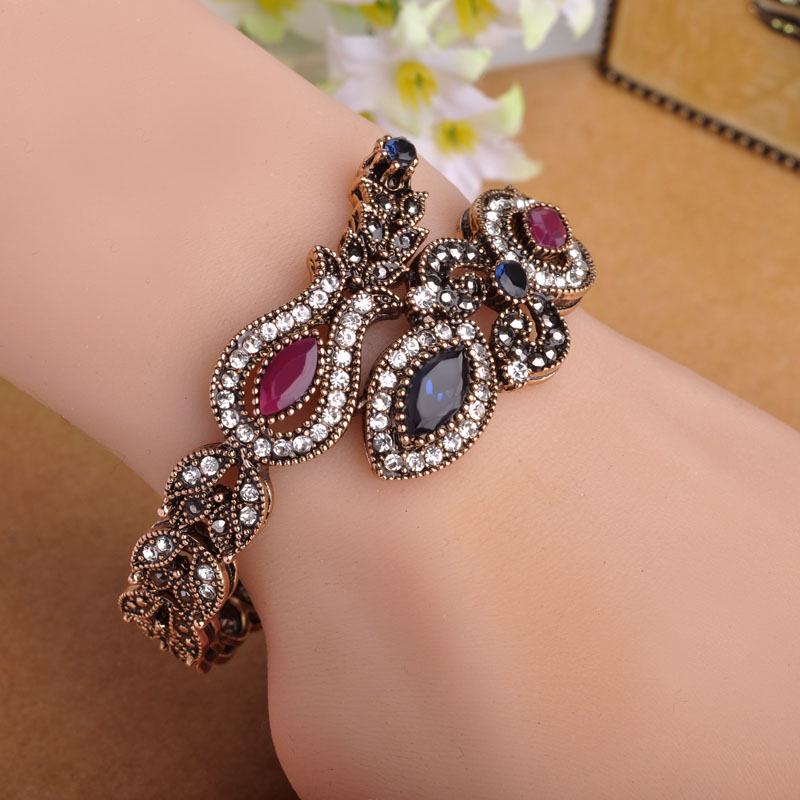 Blucome Latest Vintage Women Party Bangles Red Acrylic Resin Tulip Flower Bracelets Full Crystal Turkish Bijuterias Hand Jewelry