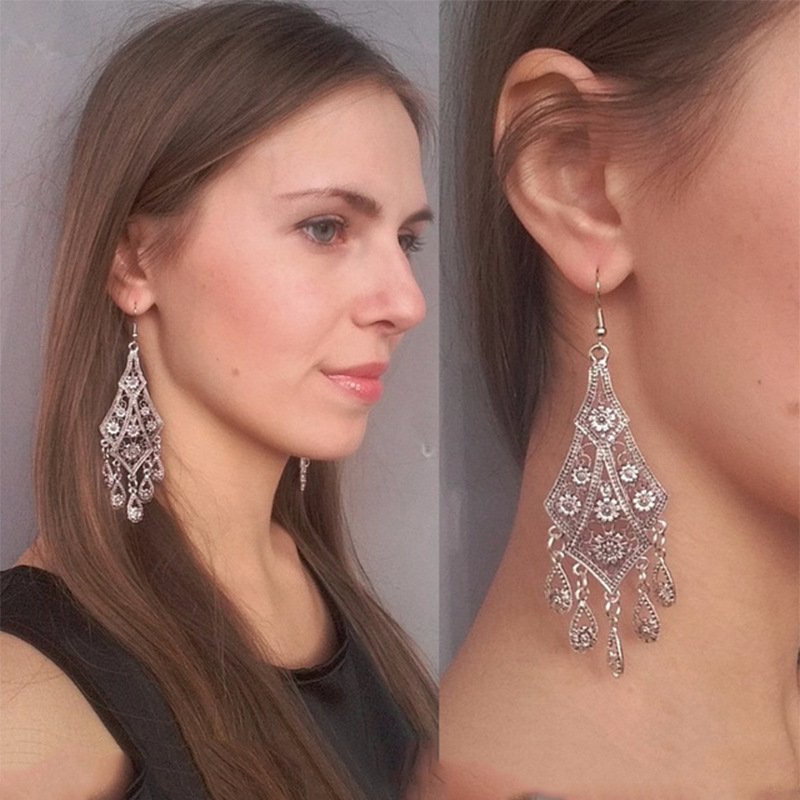 Vintage Ethnic Long Water Drop Tassel Earrings for Women Indian Gold Silver Color Hollow Flower Carved Dangle Earrings Jewelry