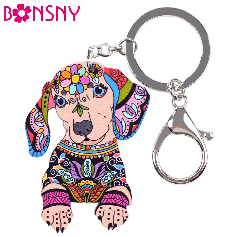 Bonsny Acrylic Statement Dog Jewelry Dachshund Key Chain Key Ring Pom Gift For Women Girl Bag Charm Keychain Pendant Jewelry