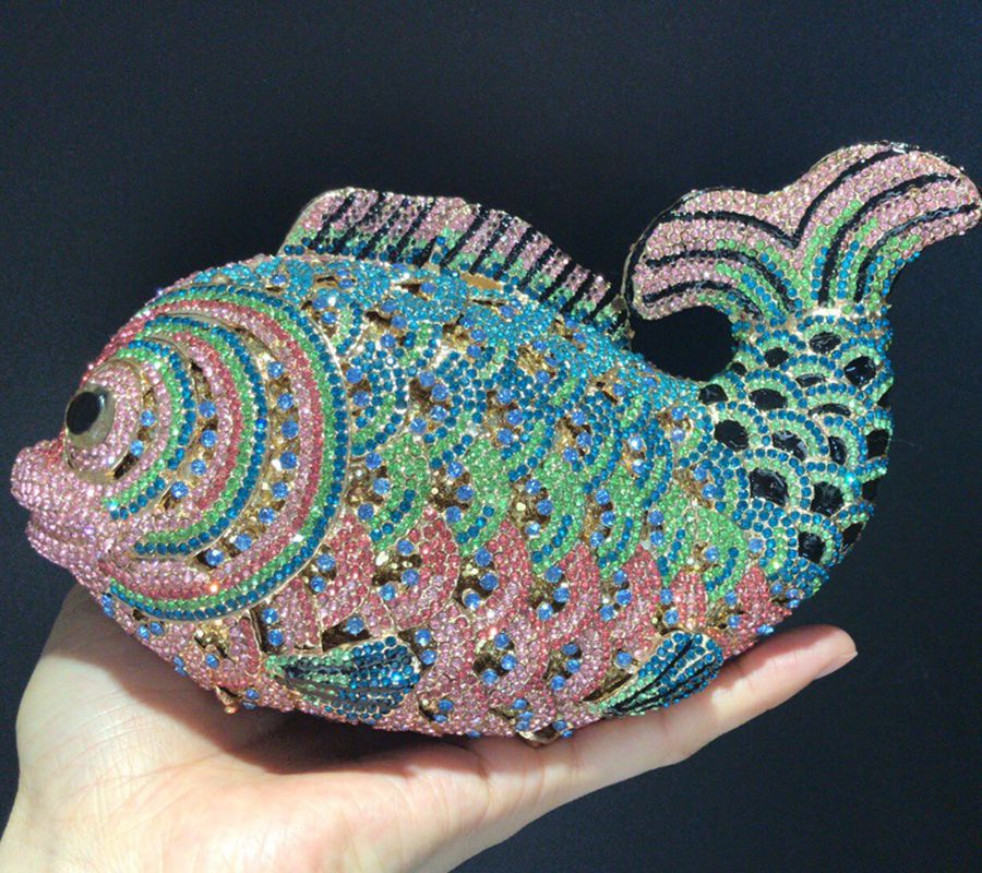 Women Fish Shape Multicolored Stones Evening Bags Lady Clutches Bridal Crystal Clutch Purse Wedding Party Rhie Handbags 4