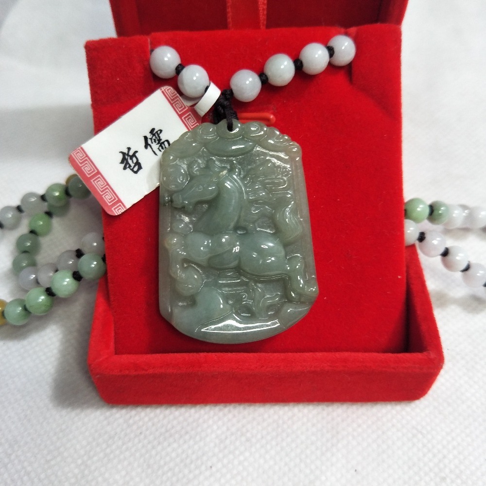 Zheru Jewelry Pure Natural Jadeite Dark Green Zodiac Horse Pendant Tricolor Jade Bead Necklace Send A Country Certificate