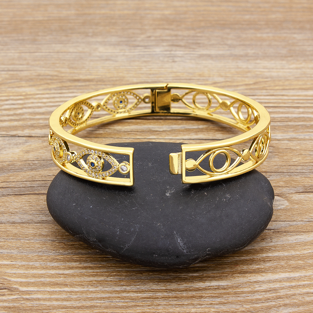 New Design Luxury 14 Styles Hollow Evil Eye Bangle Copper Cubic Zirconia Gold Color Cuff Bracelets For Women Girls Charm Jewelry