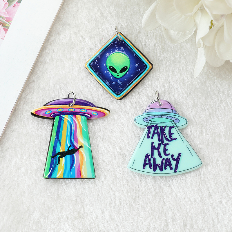12Pcs Pastel Goth Alien Charms Spooky Creative Acrylic UFO Pendant For Earring Necklace Diy Making