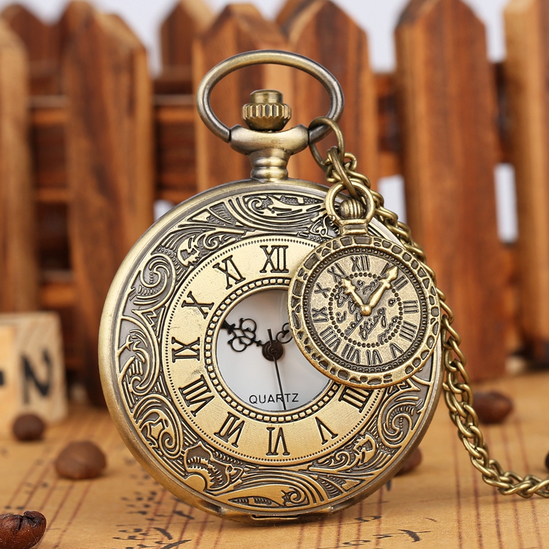 Retro Bronze Engraved Roman Numeral Case Quartz Pocket Watch Necklace Chain FOB Clock Gifts for Men Women Watch with Accessory