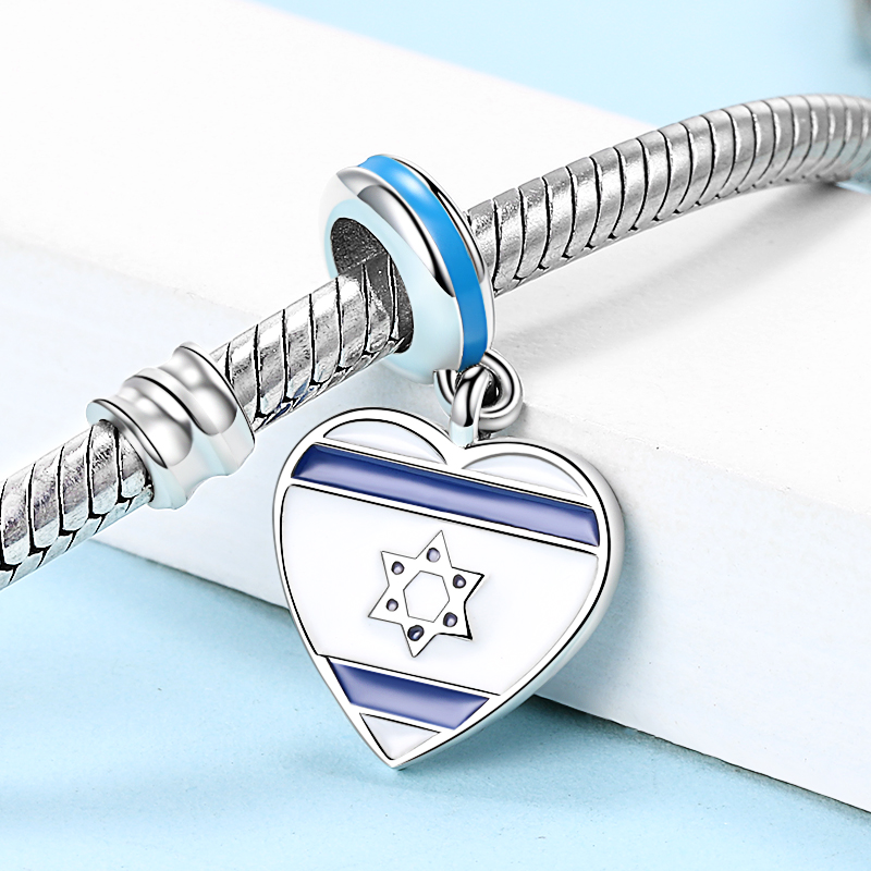 Xiaojing 925 Sterling Silver Heart Israel Flag Star of David Beads Charms for Women Fit Original European Bracelets Jewelry Gift