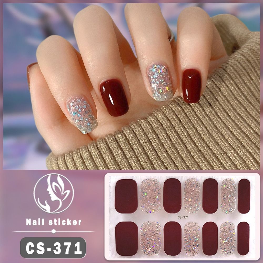 14Tips Semi Cured Gel Nail Stickers Glittering Self-Adhesive Nail Art Stickers Simple Foil Gel Nail Polish Strips