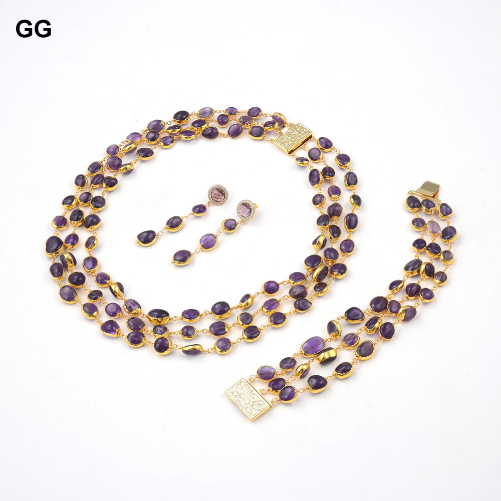 G-G 3 Strands Natural Amethyst Freeform With Electroplated Edge Necklace Earrings Bracelet Sets Handmade For Women