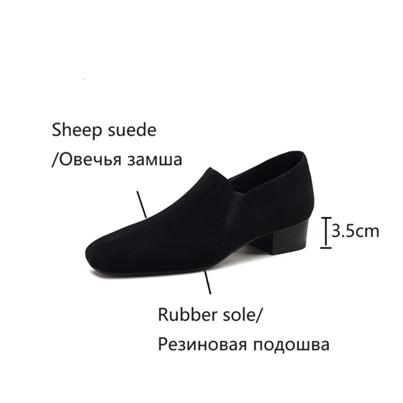 NEW Spring/Autumn Loafers Sheep Suede Leather For Square Toe Chunky Heel Soft Shoes Black Elegant Women Pumps