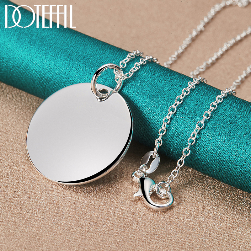 DOTEFFIL 925 Sterling Silver Round Card Tag Pendant Necklace 18-30 Inch Chain For Women Brand Jewelry Wedding Engagement Gift