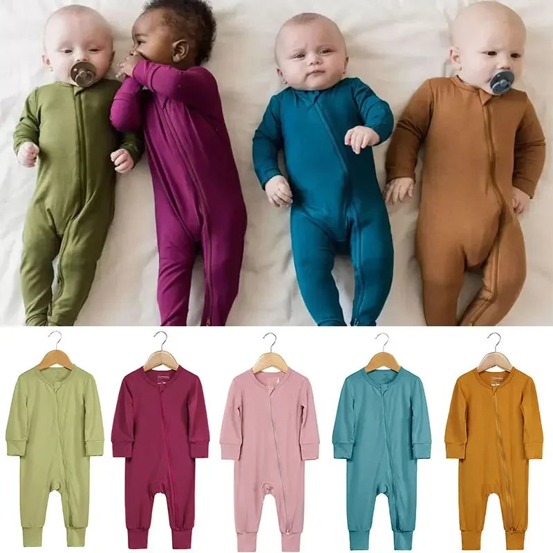 Baby Romper Bamboo Fiber Baby Boy Girl Clothes Newborn Zipper Footies Jumpsuit Solid Long-Sleeve Baby Clothing Pajamas 3 6 9 12M