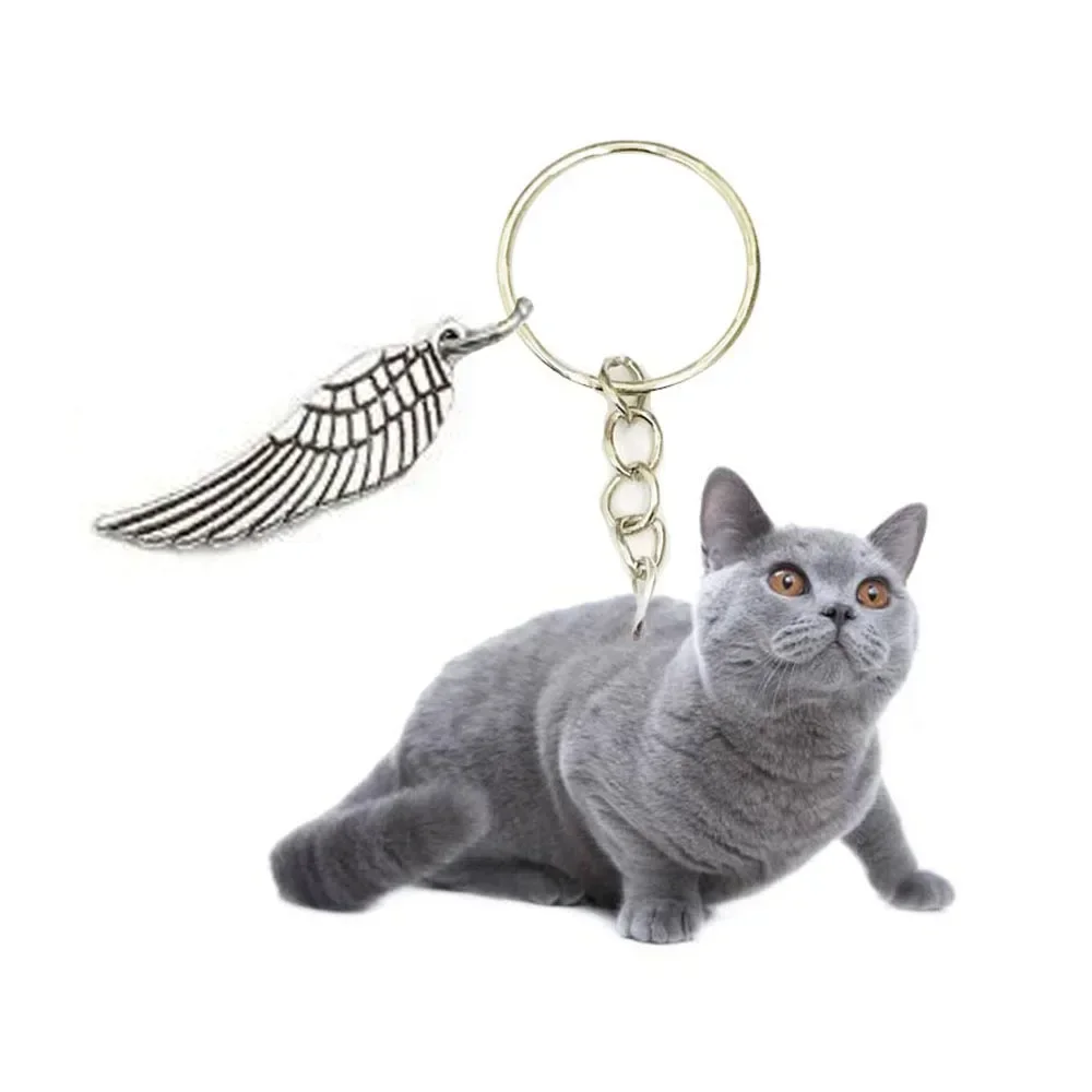 English Blue Cat Acrylic Keyring Clean Animal Cats Phone Charm 2D Keychain Men Key Chain Ring with Wing Gift for Women Girl Toy