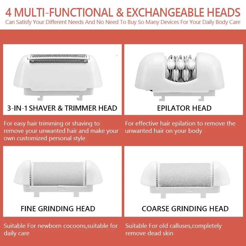 4 In 1 Electric Epilator Women Hair Removal Painless Shaving Foot File Pedicure Tools Machine Female Face Bikini Body Leg 240624