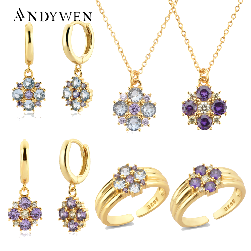 ANDYWEN 925 Sterling Silver Winter Lighter Blue Charm Pendant Earring Resizable Ring Necklace Long Chain ColorfulJewelry Set