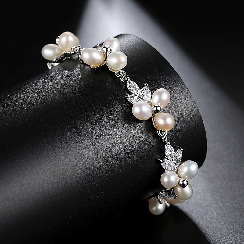 LUOTEEMI Elegant CZ Freshwater Pearl Bracelet Luxury Cubic Zirconia Women Flower Bridal Wedding Engagement Bracelets Jewellery
