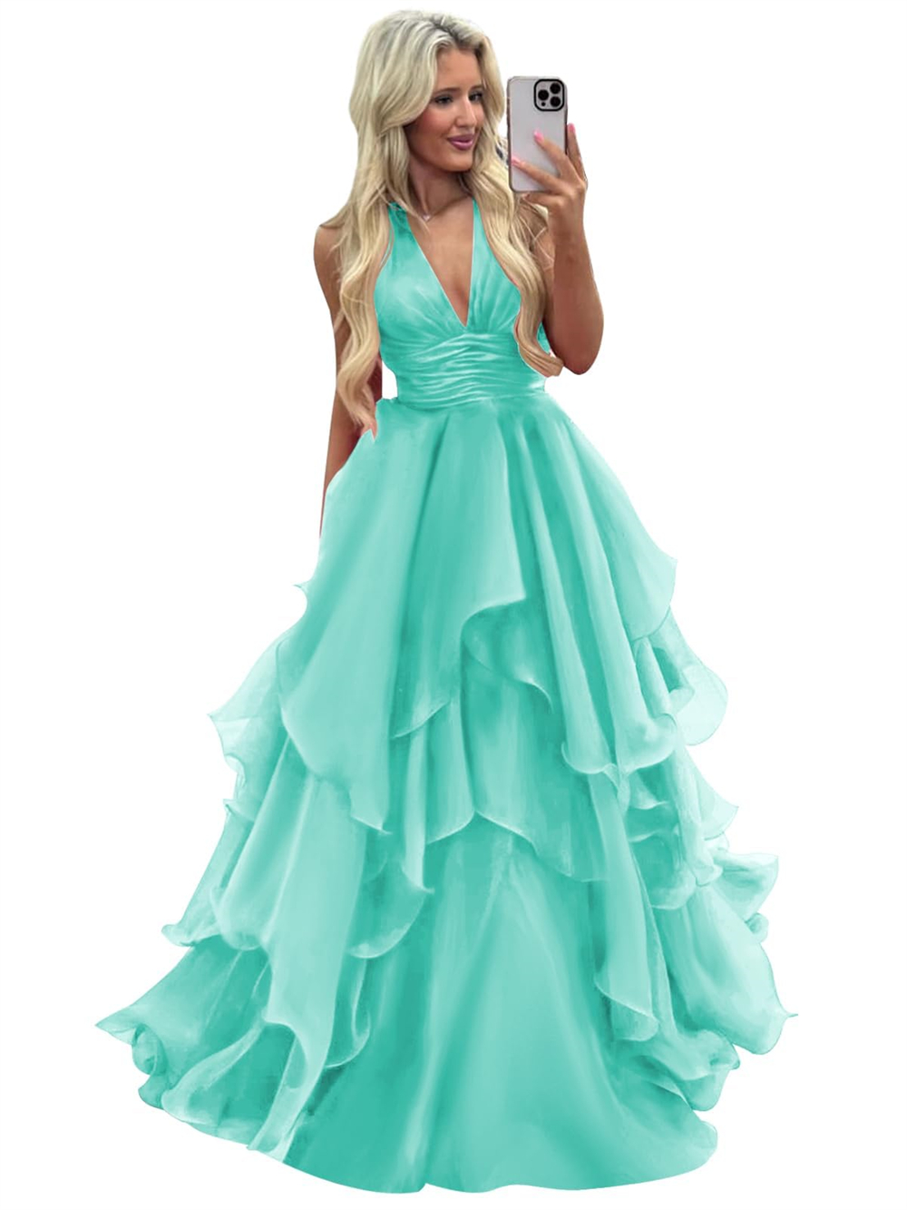 Long Prom Dresses Deep V-Neck Pleats Ball Gown Organza Plus Size Formal Occasion Evening Party Gown Pd20