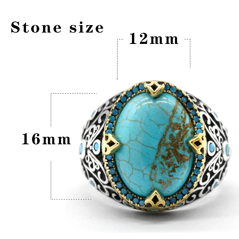 New Men's Vine Ring 925 Sterling Silver Natural Turquoise Anchor Ring Retro Antique Turkish Handmade Jewelry Husband Gift