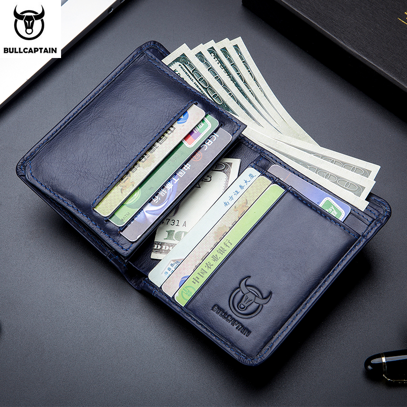 BULLCAPTAIN 2021 New Genuine Leather Man Wallet Small Mini Card Holder Male Purse Pocket RFID Wallet Coin High Quality