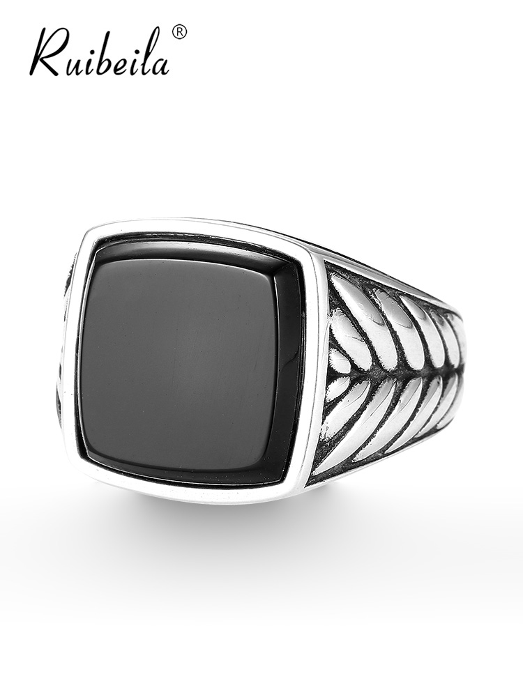 Ruibeila atmospheric vintage wheat ear black agate ring men S925 silver square oval ring jewelry