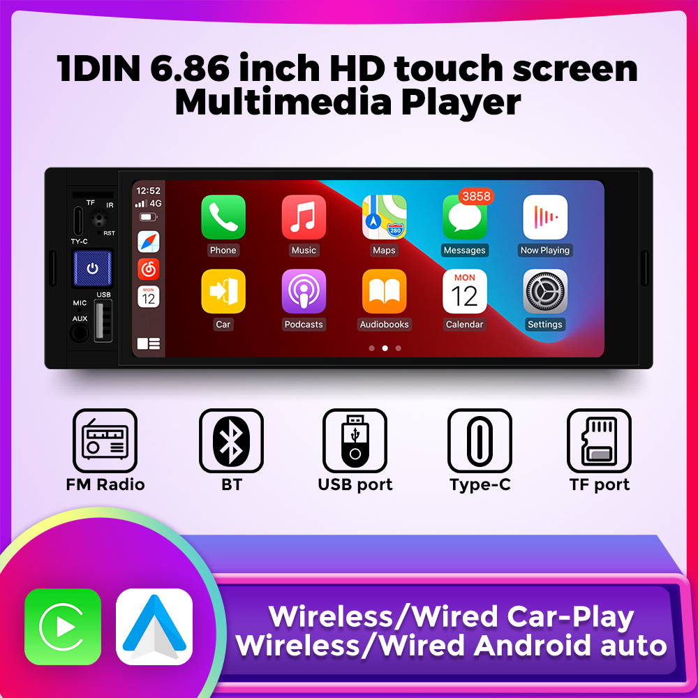 MEKEDE 1 Din Car Radio Carplay Android Auto HD Touch Screen MP5 Player Universal Multimedia Tape Recorder AUX USB FM Audio