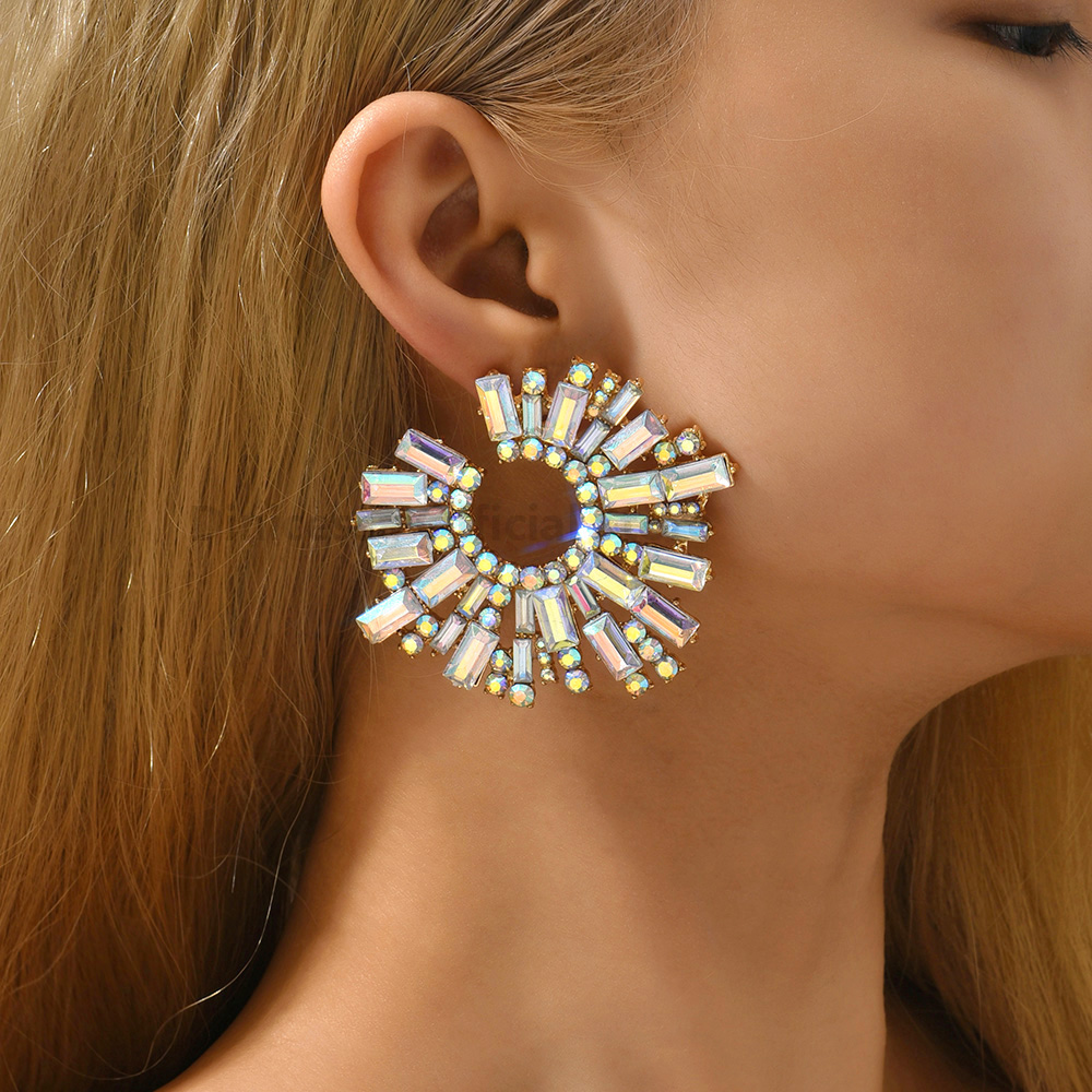 Luxury Round Big Stud Earrings For Women Girl Trend Ear Accessories Boho Colorful Geometric Rhinestone Brincos Vintage Jewelry