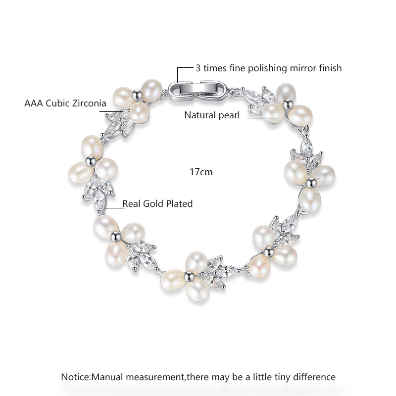 LUOTEEMI Elegant CZ Freshwater Pearl Bracelet Luxury Cubic Zirconia Women Flower Bridal Wedding Engagement Bracelets Jewellery