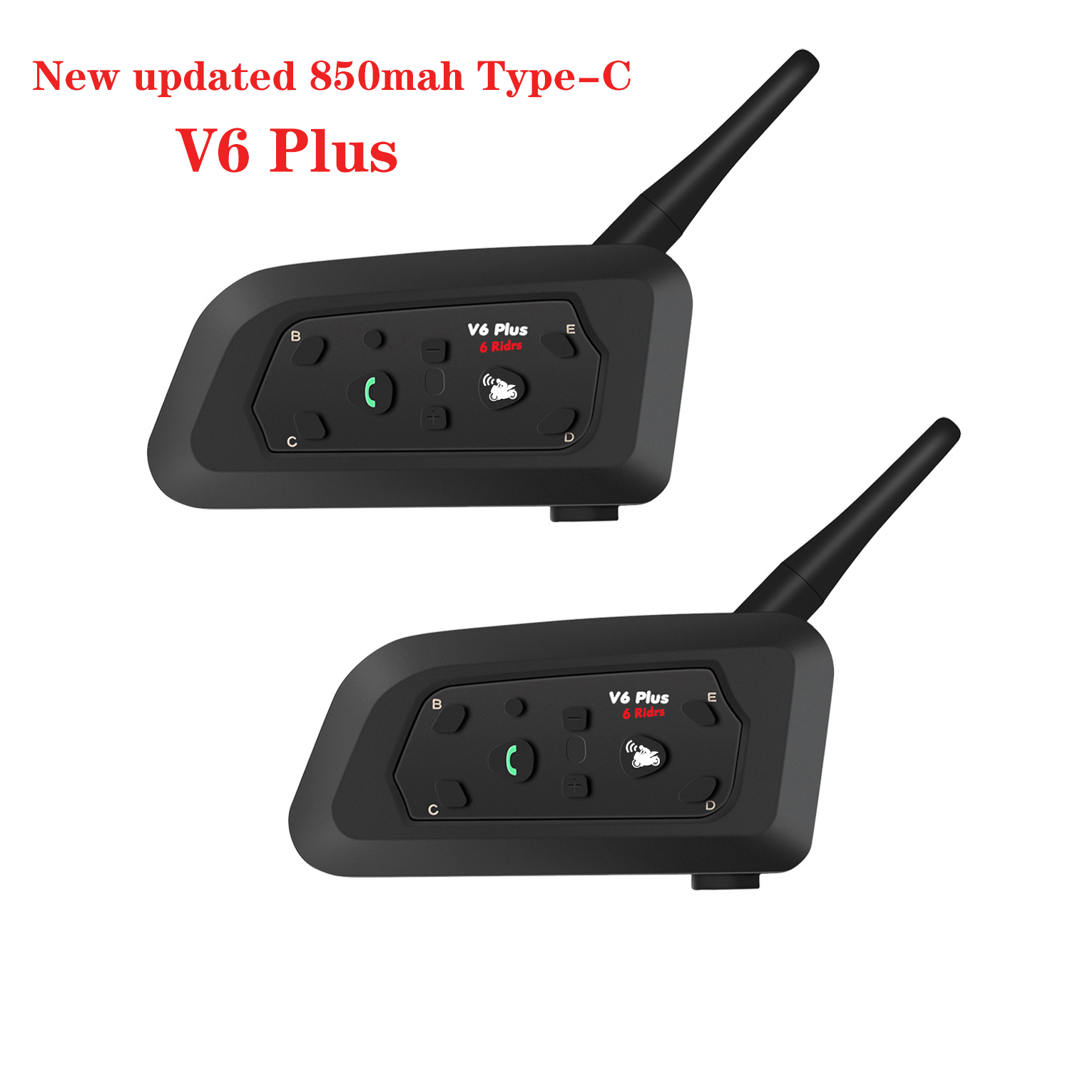 2Pcs Type-C V6 plus Motorcycle Intercom Headset BT5.1 For 6 Riders Group 800M Talking Helmet Interphone IP65