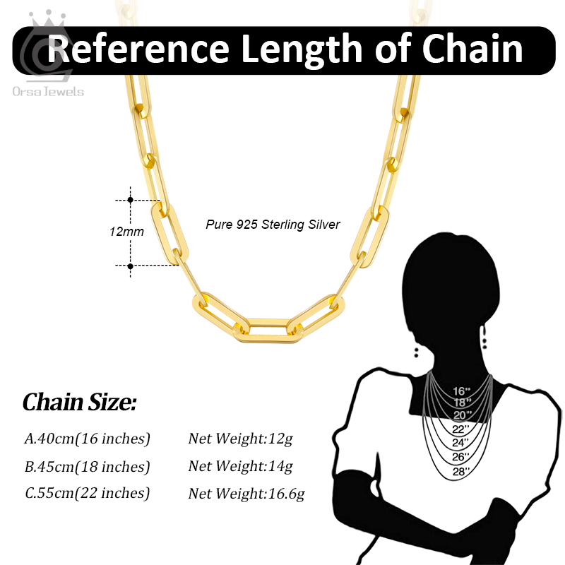 ORSA JEWELS 6mm 9mm 12mm Sizes Paperclip Link Chain Necklace 925 Sterling Silver 14k Gold Chain Man Woman Necklaces as Gift SC39