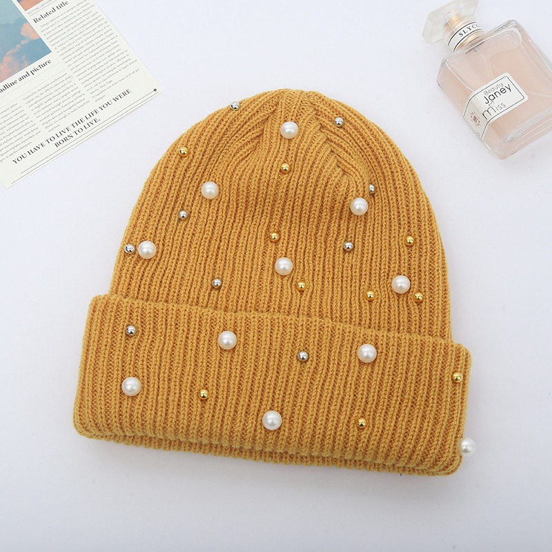 Pearl Inlay Solid Color Keep Warm Knitting Beanie Hat Unisex Autumn Winter Hip Hop Outdoor Women Ski Cap Skull Cap